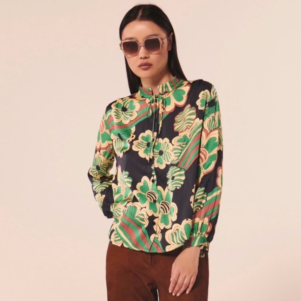 Tara Jarmon Clemson Blouse Nocurine Tie Neck Pleated Elegant‎ Office Floral Mod